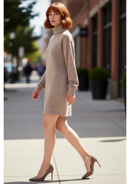 Kadın Balıkçı Yaka Shift Kalıp Akrilik Triko Kazak Elbise Uzun Kollu Kışlık Rahat Şık Tasarım