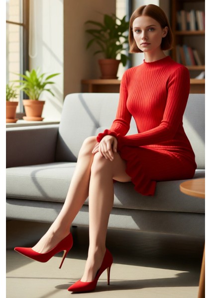 Kadın Fitilli Triko Mini Elbise Fırfır Detaylı Uzun Kollu Dik Yaka Kışlık Şıklık ve Konfor Sunar fiyatları