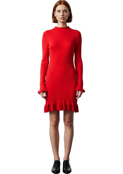 Kadın Fitilli Triko Mini Elbise Fırfır Detaylı Uzun Kollu Dik Yaka Kışlık Şıklık ve Konfor Sunar modelleri