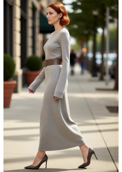 Kadın Siyah Triko Maxi Elbise Havuz Yaka A Kesim Kemerli Uzun Kollu Şık Günlük Kombinler Için Ideal