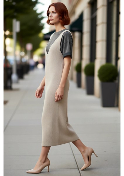 Kadın Gri Jile Triko Elbise Midi Boy V Yaka Kolsuz Rahat Kesim Ilkbahar Sonbahar Günlük Şıklığı