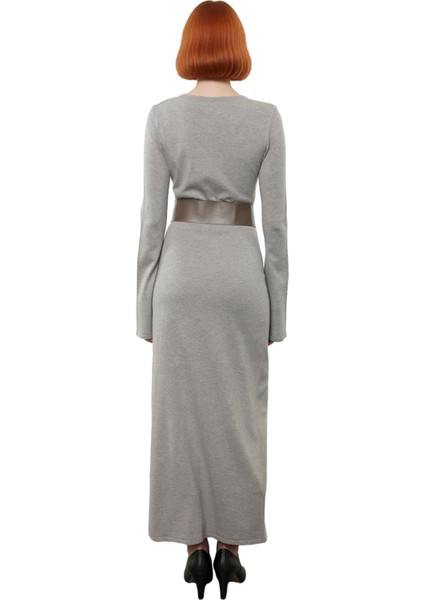 Kadın Siyah Triko Maxi Elbise Havuz Yaka A Kesim Kemerli Uzun Kollu Şık Günlük Kombinler Için Ideal fırsatları