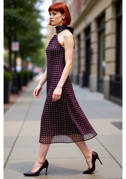 Kadın A Kesim Puantiyeli Fular Yaka Aksesuar Detaylı Şifon Midi Elbise Yaz Ilkbahar Şıklığı