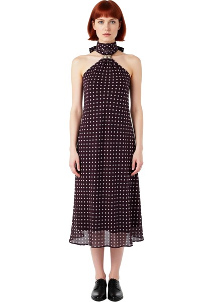 Kadın A Kesim Puantiyeli Fular Yaka Aksesuar Detaylı Şifon Midi Elbise Yaz Ilkbahar Şıklığı modelleri