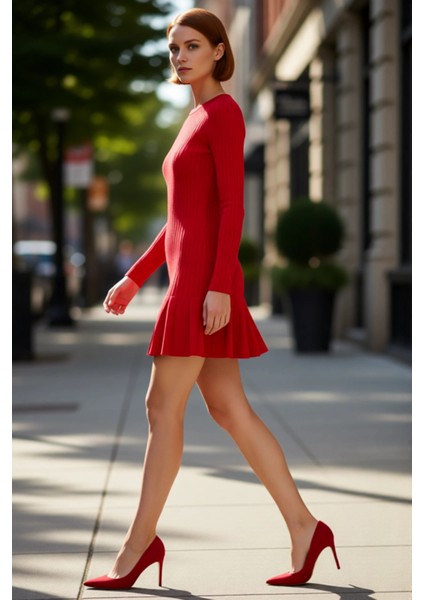 Kadın A Kesim Bordo Triko Mini Elbise Uzun Kollu Bisiklet Yaka Şık Günlük Kış Stili Tasarım