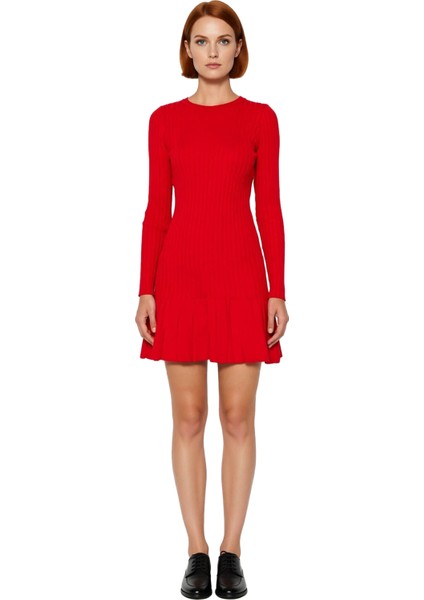 Kadın A Kesim Bordo Triko Mini Elbise Uzun Kollu Bisiklet Yaka Şık Günlük Kış Stili Tasarım modelleri