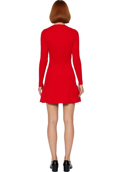 Kadın A Kesim Bordo Triko Mini Elbise Uzun Kollu Bisiklet Yaka Şık Günlük Kış Stili Tasarım fırsatları