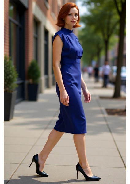 Kadın Bodycon Kesim Dik Yaka Kolsuz Midi Boy Elbise Finike Dokuma Büzgü Detaylı Şık Tasarım