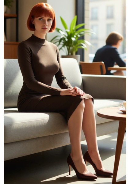 Kadın Bodycon Kesim Dik Yaka Uzun Kollu Midi Yırtmaçlı Rejenere Kaşkorse Elbise Şık Görünüm Sunar fiyatları