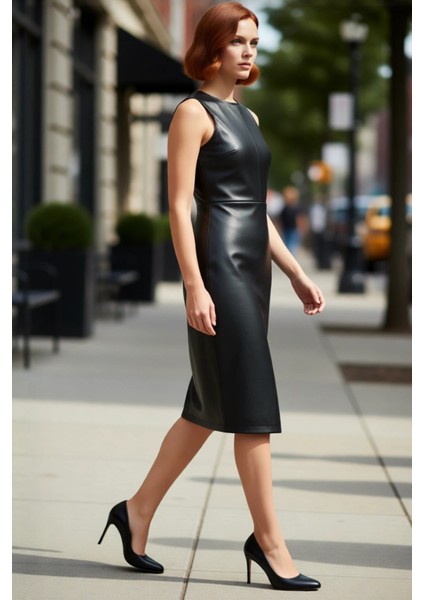 Kadın Bodycon Kesim Suni Deri Kruvaze Midi Elbise Bisiklet Yaka Kolsuz Tasarım Şık Gece Kombinleri