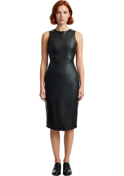 Kadın Bodycon Kesim Suni Deri Kruvaze Midi Elbise Bisiklet Yaka Kolsuz Tasarım Şık Gece Kombinleri modelleri