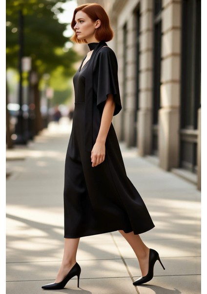 Kadın Fular Detaylı Midi Skater Elbise V Yaka Yarasa Kol Dokuma Kumaş Asil Duruş Şık Tasarım