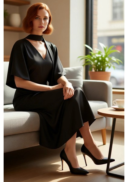 Kadın Fular Detaylı Midi Skater Elbise V Yaka Yarasa Kol Dokuma Kumaş Asil Duruş Şık Tasarım fiyatları