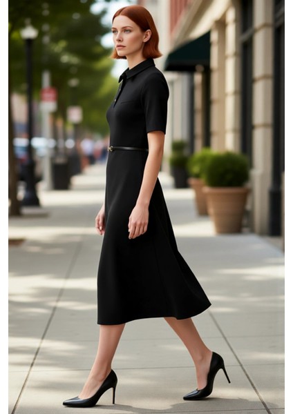 Kadın A Line Kesim Kısa Kollu Polo Yaka Kemerli Midi Elbise Yarım Pat Düğmeli Interlok Dokuma