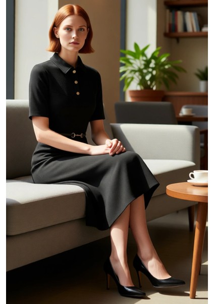 Kadın A Line Kesim Kısa Kollu Polo Yaka Kemerli Midi Elbise Yarım Pat Düğmeli Interlok Dokuma fiyatları