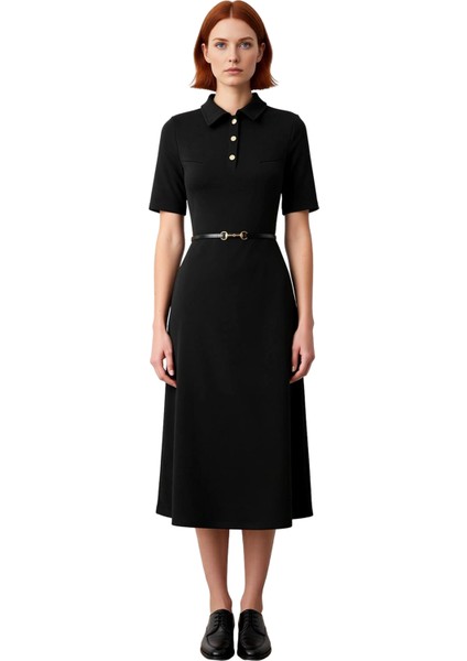 Kadın A Line Kesim Kısa Kollu Polo Yaka Kemerli Midi Elbise Yarım Pat Düğmeli Interlok Dokuma modelleri