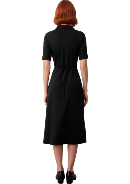 Kadın A Line Kesim Kısa Kollu Polo Yaka Kemerli Midi Elbise Yarım Pat Düğmeli Interlok Dokuma fırsatları