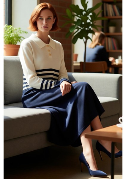 Kadın A Line Kesim Polo Yaka Çizgili Düğmeli Triko Maxi Elbise Uzun Kol Rahat Şık Tasarım Kaliteli fiyatları