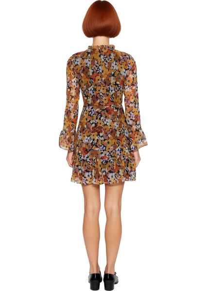 Kadınlar Için Dik Yaka Fırfır Detaylı Çiçek Desenli Şifon A Line Uzun Kollu Mini Elbise Kaliteli fırsatları