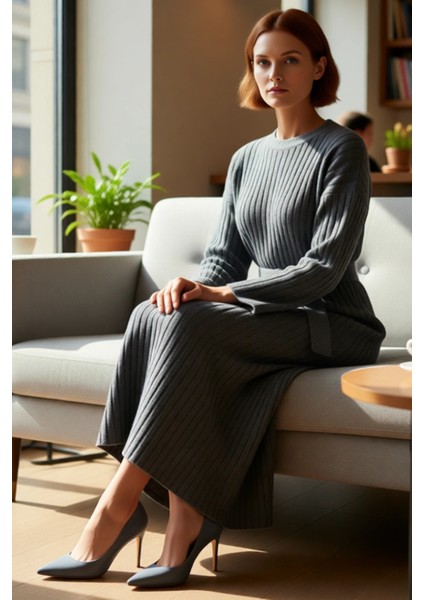 Kadınlar Için Özel Triko Ribana Kuşaklı Maxi Elbise Düz Desenli Uzun Düşük Kollu Kışlık Şıklık fiyatları