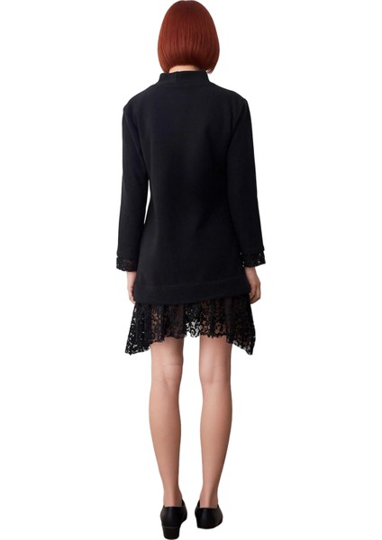 Kadın Shift Kalıp Dik Yaka Uzun Kollu Mini Dantel Detaylı Örme Elbise Modern Şık Kışlık Giyim fırsatları