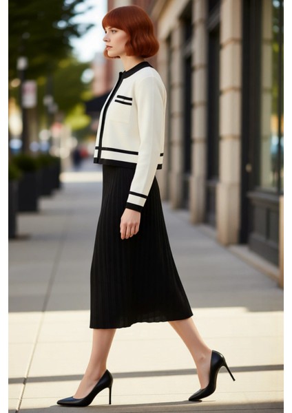 Kadın Triko Midi A Line Hırka Elbise Takım Renk Bloklu Bisiklet Yaka Kış Modası Ile Konforlu Şıklık