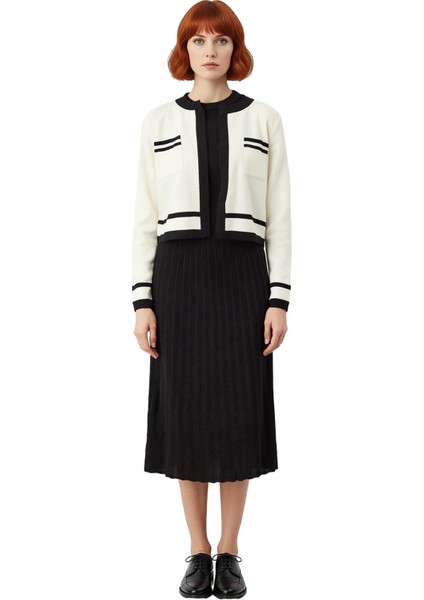 Kadın Triko Midi A Line Hırka Elbise Takım Renk Bloklu Bisiklet Yaka Kış Modası Ile Konforlu Şıklık modelleri