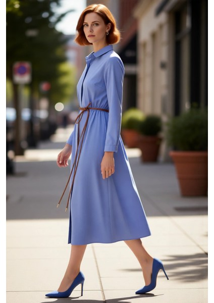 Kadın Kemer Detaylı A Kesim Gömlek Yaka Uzun Kollu Dokuma Tesettür Giyim Maxi Elbise Kaliteli