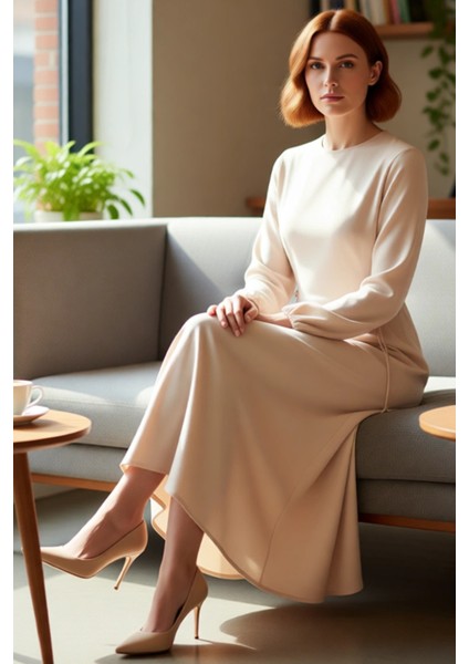 Kadın Shift Kalıp Maxi Boy Balon Kol Bağcıklı Aerobin Dokuma Bisiklet Yaka Elbise Günlük Şıklık fiyatları