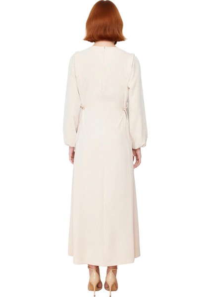 Kadın Shift Kalıp Maxi Boy Balon Kol Bağcıklı Aerobin Dokuma Bisiklet Yaka Elbise Günlük Şıklık fırsatları