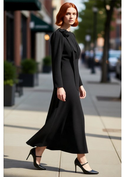 Kadın Şık Balık Kalıp Aerobin Dokuma Maxi Boy Uzun Kollu Fiyonk Detaylı Bisiklet Yaka Düz Elbise