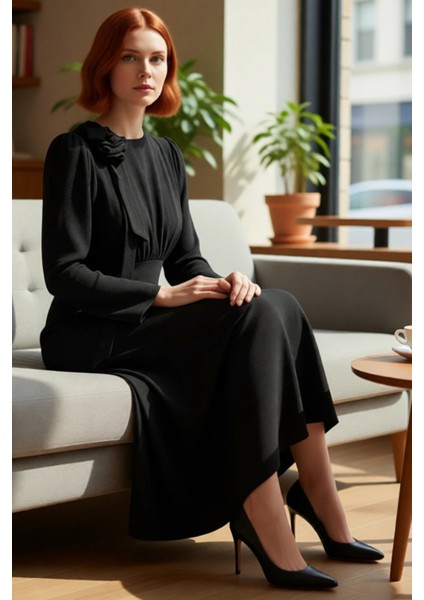 Kadın Şık Balık Kalıp Aerobin Dokuma Maxi Boy Uzun Kollu Fiyonk Detaylı Bisiklet Yaka Düz Elbise fiyatları