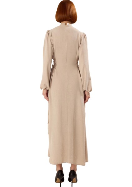 Lacivert Kadın Hakim Yaka Brit Detaylı Maxi Boy Aerobin Dokuma Düz Şık Rahat Elbise Kaliteli fırsatları