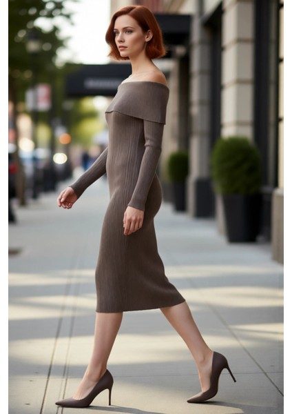 Kadın Carmen Yaka Uzun Kollu Midi Boy Düz Shift Kalıp Triko Elbise Ilkbahar Sonbahar Şıklığı