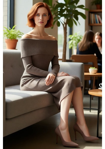 Kadın Carmen Yaka Uzun Kollu Midi Boy Düz Shift Kalıp Triko Elbise Ilkbahar Sonbahar Şıklığı fiyatları