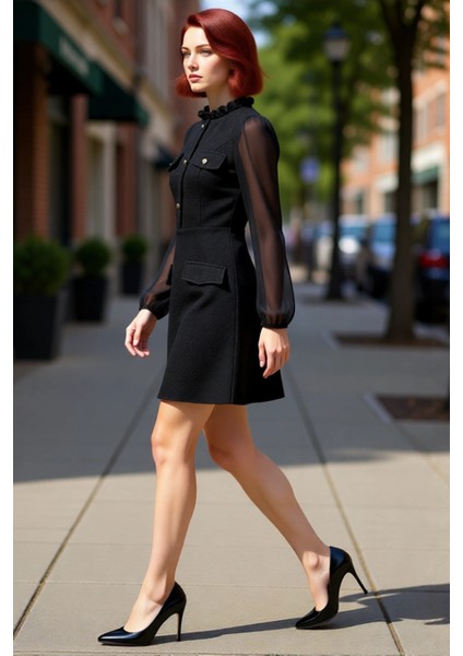 Kadın Ekru Dokuma Tüvit Skater Mini Elbise Dik Yaka Balon Kol Detaylı Günlük Şık Giyim Kaliteli