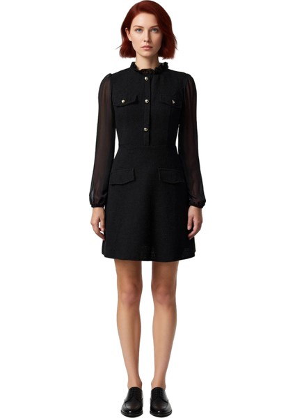 Kadın Ekru Dokuma Tüvit Skater Mini Elbise Dik Yaka Balon Kol Detaylı Günlük Şık Giyim Kaliteli modelleri