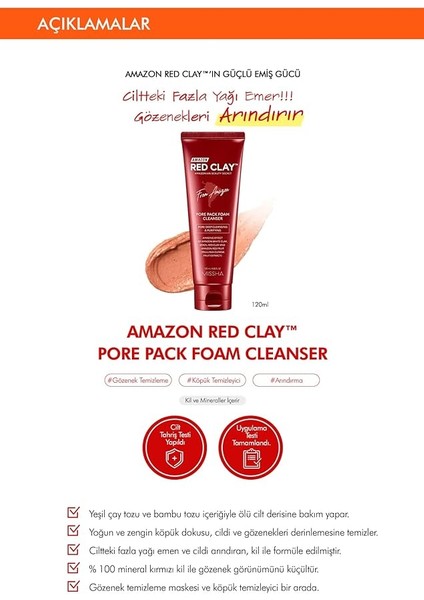 Gözenekli Ciltler Için Amazon Kili Temizleyici 120ML Amazon Red Clay Pore Pack Foam Cleanser fiyatları