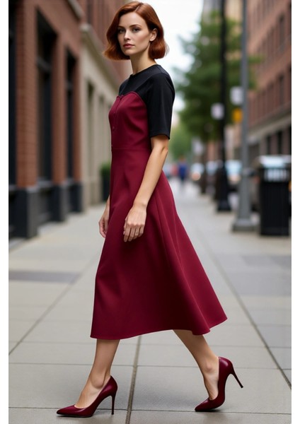 Kadın %100 Pamuk Gabardin Dokuma Renk Bloklu Skater Midi Elbise Bisiklet Yaka Düğmeli Kısa Kollu