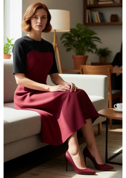 Kadın %100 Pamuk Gabardin Dokuma Renk Bloklu Skater Midi Elbise Bisiklet Yaka Düğmeli Kısa Kollu fiyatları