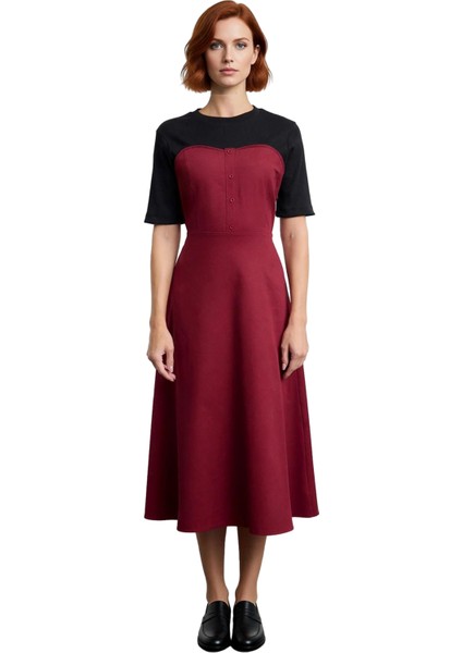 Kadın %100 Pamuk Gabardin Dokuma Renk Bloklu Skater Midi Elbise Bisiklet Yaka Düğmeli Kısa Kollu modelleri