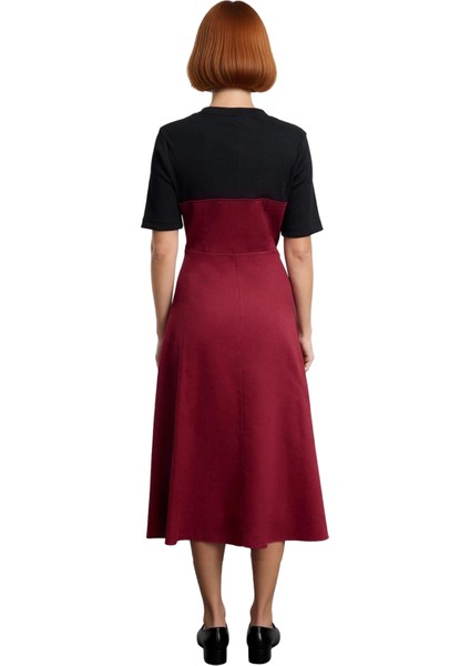 Kadın %100 Pamuk Gabardin Dokuma Renk Bloklu Skater Midi Elbise Bisiklet Yaka Düğmeli Kısa Kollu fırsatları