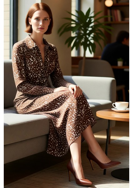 Kadın Kahverengi Baskılı A Line Maxi Örme Elbise Büzgü Detaylı Polo Yaka Kış Sezonu Şıklığı fiyatları