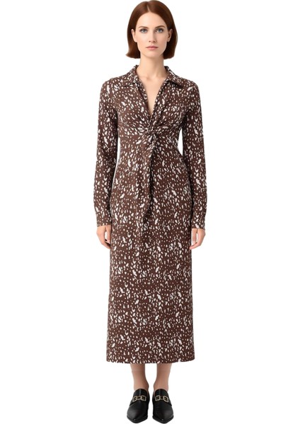 Kadın Kahverengi Baskılı A Line Maxi Örme Elbise Büzgü Detaylı Polo Yaka Kış Sezonu Şıklığı modelleri