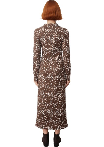 Kadın Kahverengi Baskılı A Line Maxi Örme Elbise Büzgü Detaylı Polo Yaka Kış Sezonu Şıklığı fırsatları