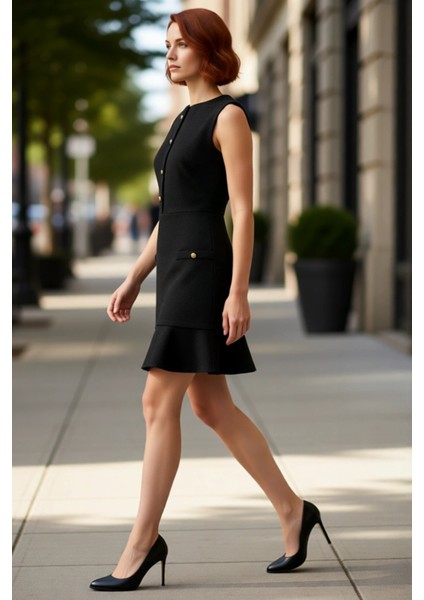 Kadın Tüvit Düğmeli A Kesim Kolsuz Mini Elbise Şık Bisiklet Yaka Tasarımıyla Kış Kombinlerine