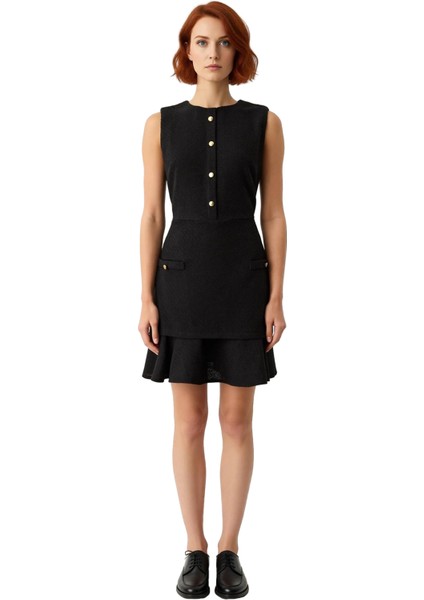 Kadın Tüvit Düğmeli A Kesim Kolsuz Mini Elbise Şık Bisiklet Yaka Tasarımıyla Kış Kombinlerine modelleri