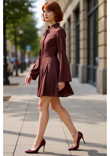 Kadın Skater Kalıp Bağlama Detaylı Yarasa Kol Mini Elbise Şık ve Rahat Kombinler Için Ideal