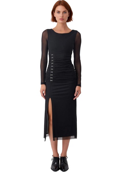 Kadın Bodycon Kesim Agraflı Uzun Kollu Tül Detaylı Örme Maxi Kokteyl Elbise Şık Davetler Için modelleri