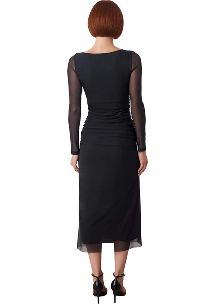 Kadın Bodycon Kesim Agraflı Uzun Kollu Tül Detaylı Örme Maxi Kokteyl Elbise Şık Davetler Için fırsatları